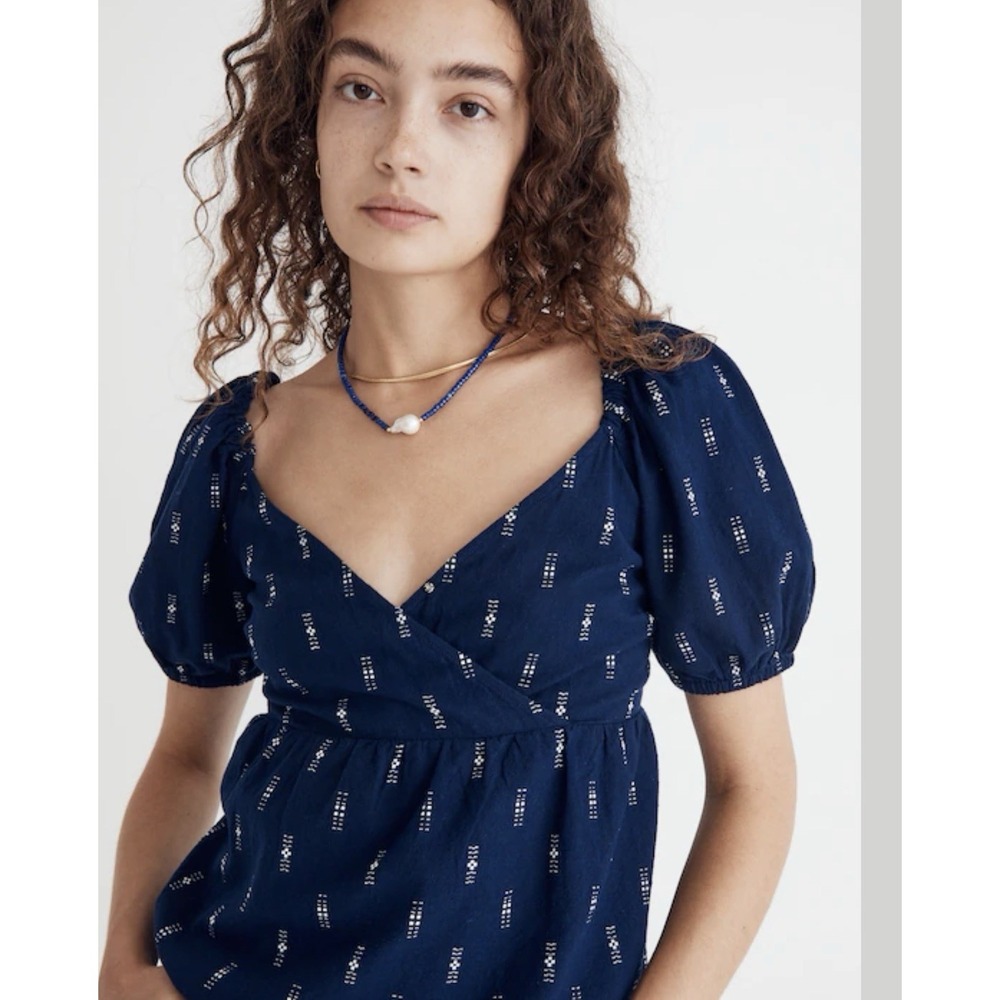Madewell Jacquard Puff-Sleeve Empire Top Size Medium Cotton Blue Babydoll Summer